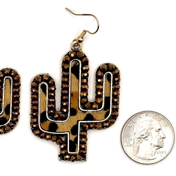 Brown Crystal Beaded Leopard Animal Print Saguaro Cactus Western Dangle Earrings - Picture 3 of 5